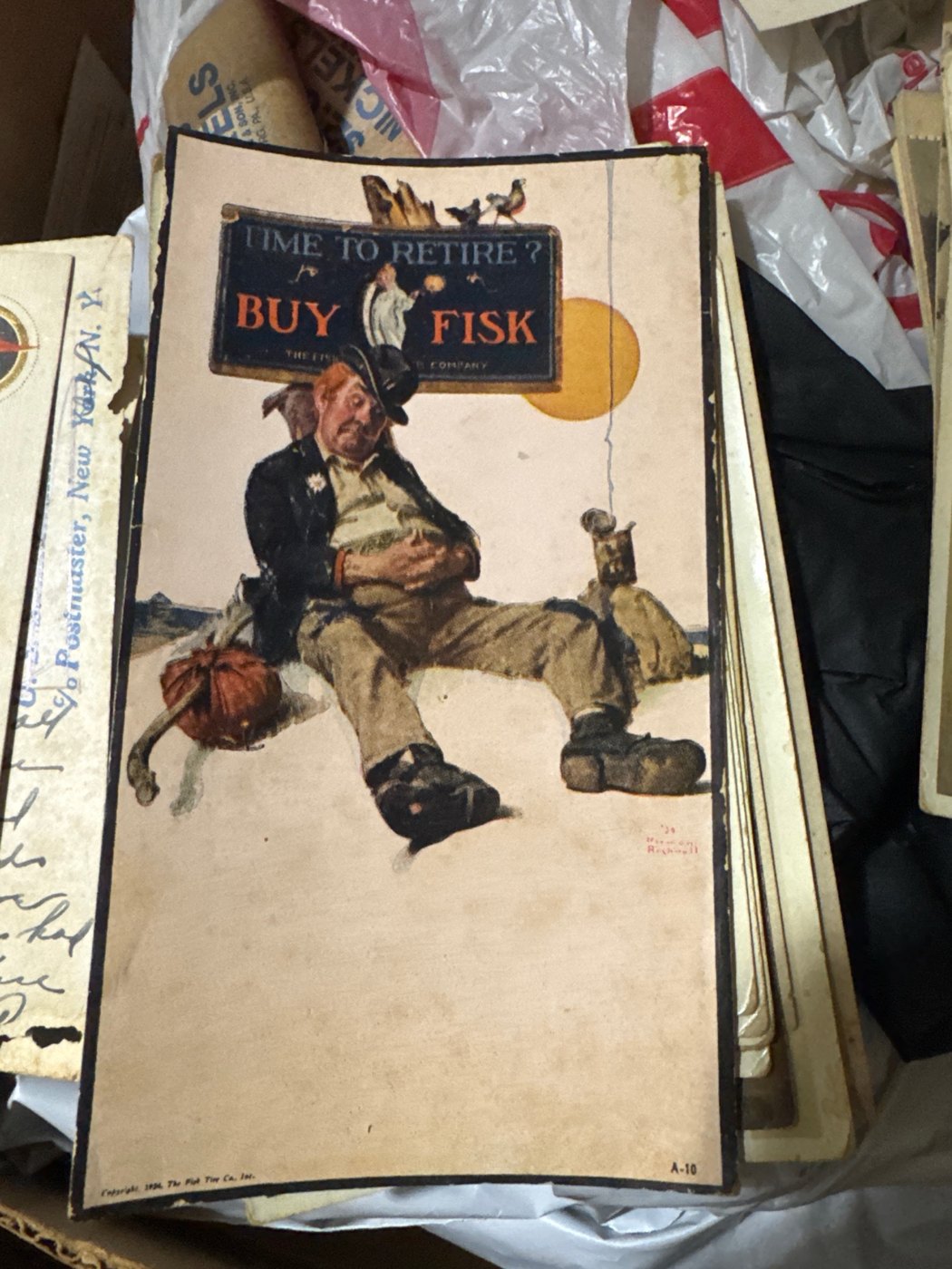 1936 Fisk Tire advertising postcard with Norman Rockwell artwork, original photo