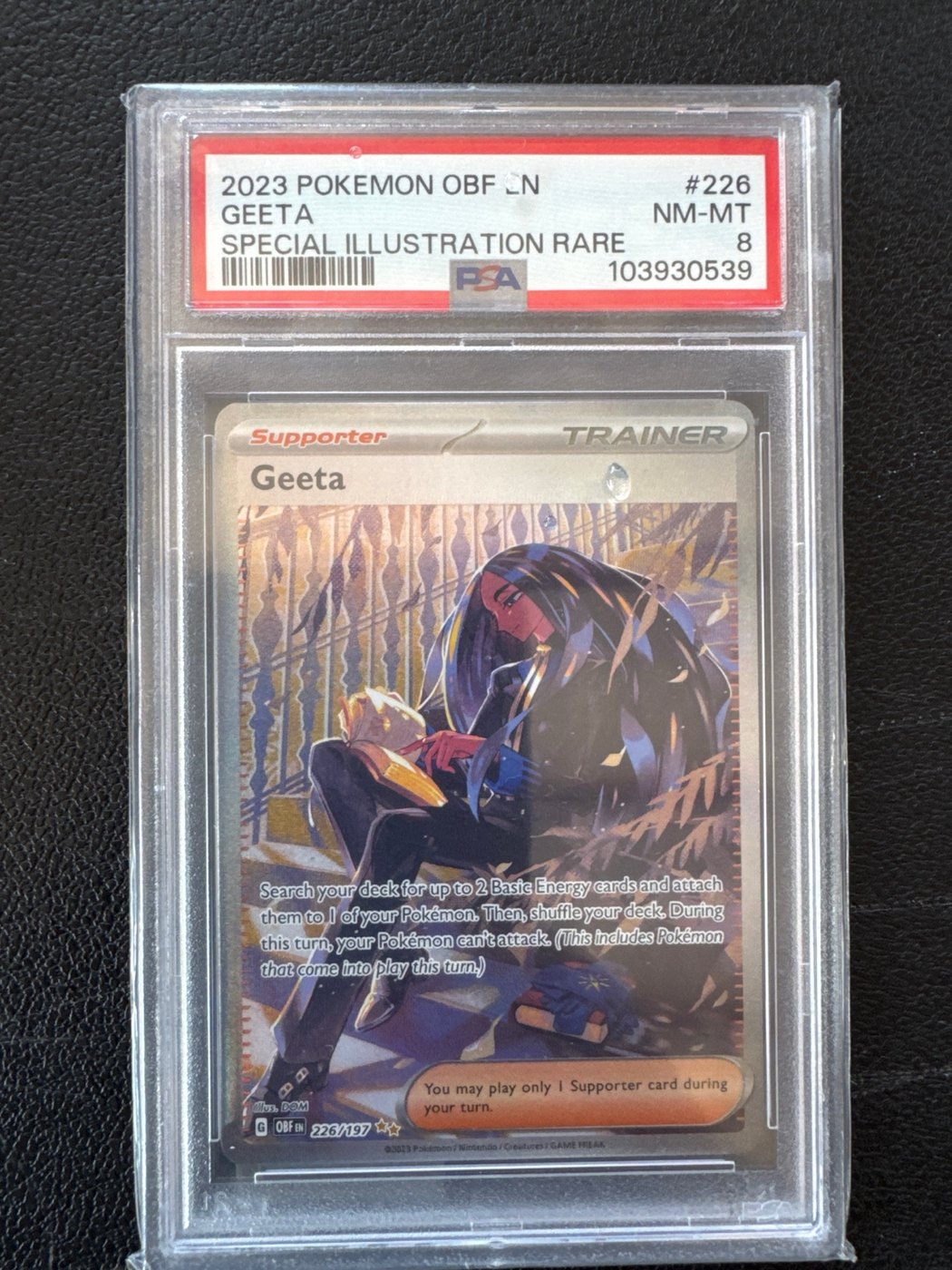 Geeta Obsidian Flames Pokémon card graded PSA 8, original photo